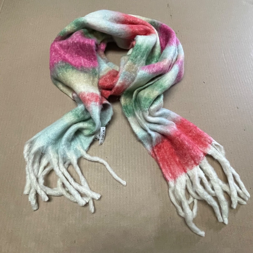 Gap Brushed Fringe Scarf One Size Green Blue Blend Wool Polyester 80x13.5 NWT